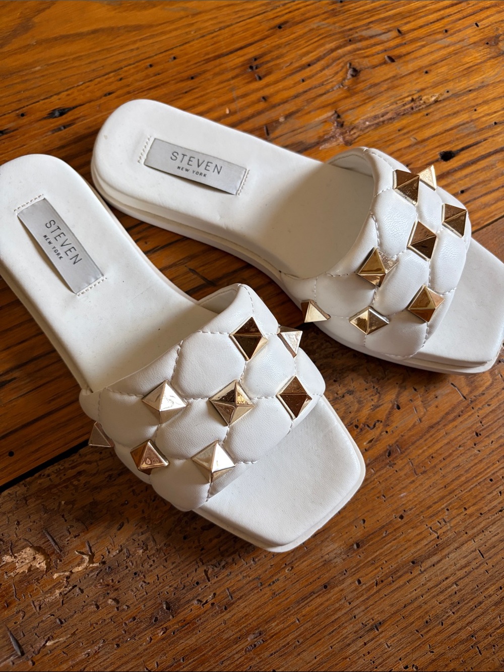 STEVEN New York White Quilted Slide Mules with Gold Studs